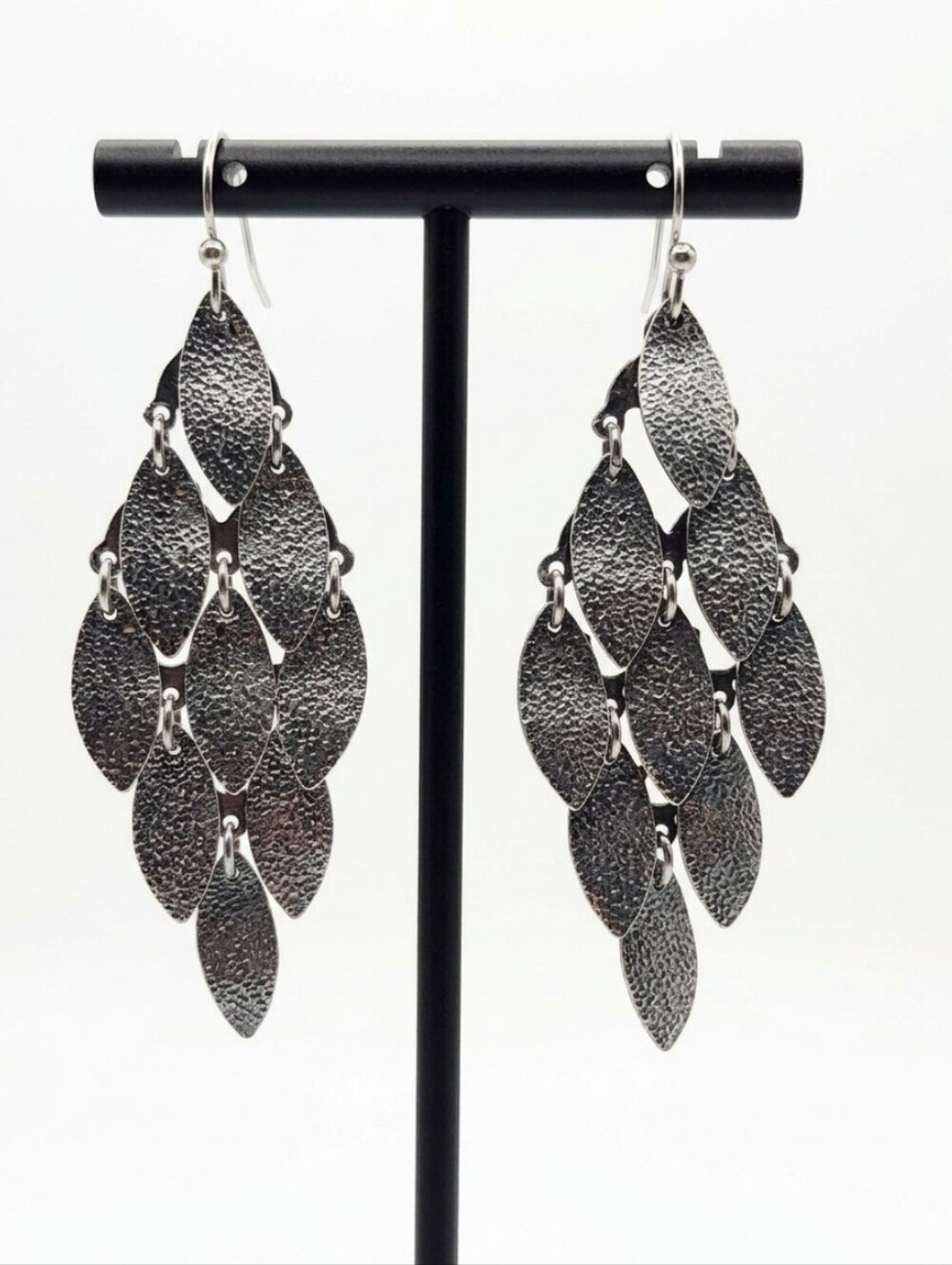 Textured Silver Tone Dangle Leaf Chain Earrings